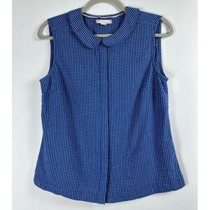 White Stuff Sleeveless Blouse Size 6 Blue Gingham Peter Pan Collar Preppy Twee